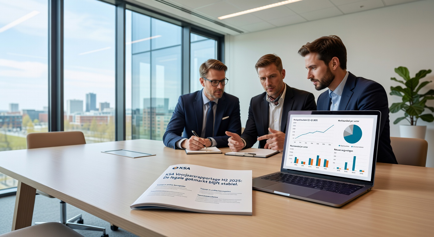Overzicht van KSA-statistieken met staafdiagrammen voor licenties, BSR en kanaalisatie in de online goksector Nederland 2026