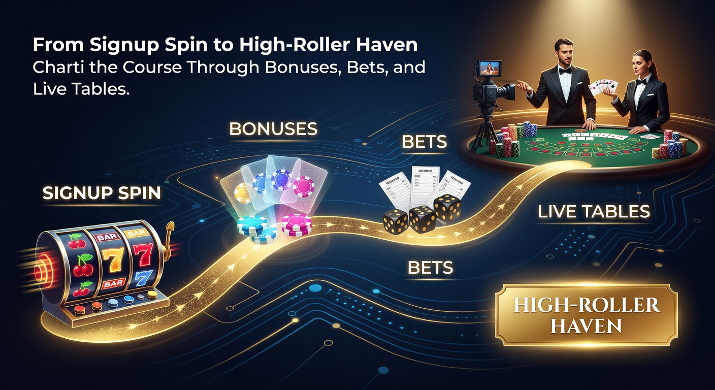 High-roller aan een live poker tafel met hoge inzetten, omringd door bonusiconen en VIP-perks, symboliserend de top van de spelersreis