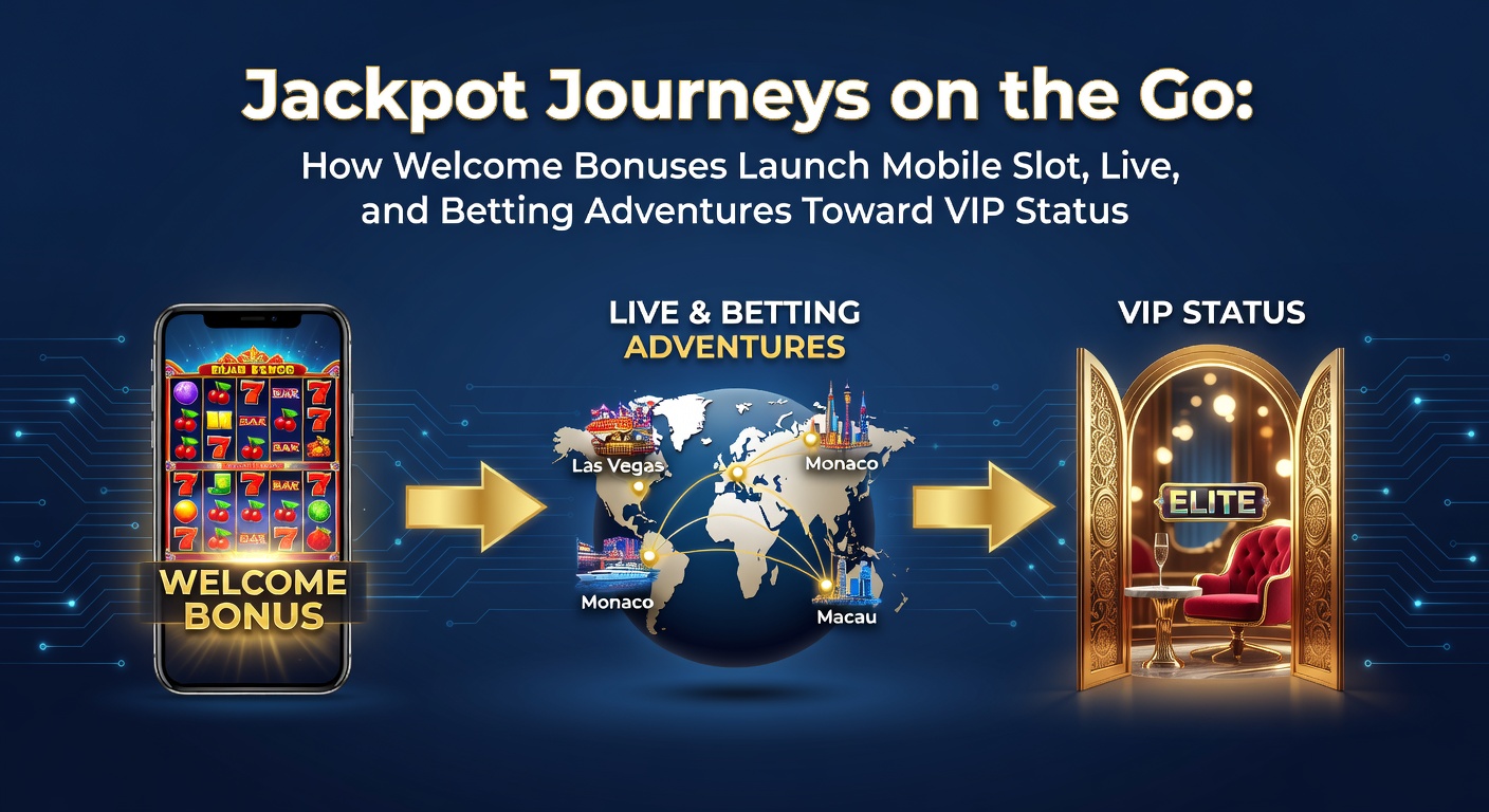 Mobiele gokschermen met welkomstbonussen, slots en live tafels die leiden naar VIP-status