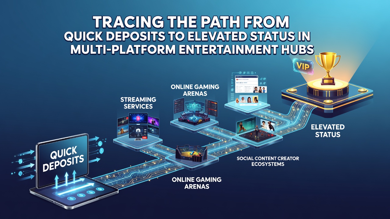 Weergave van multi-platform entertainment hub met verbonden mobiele, desktop en live opties