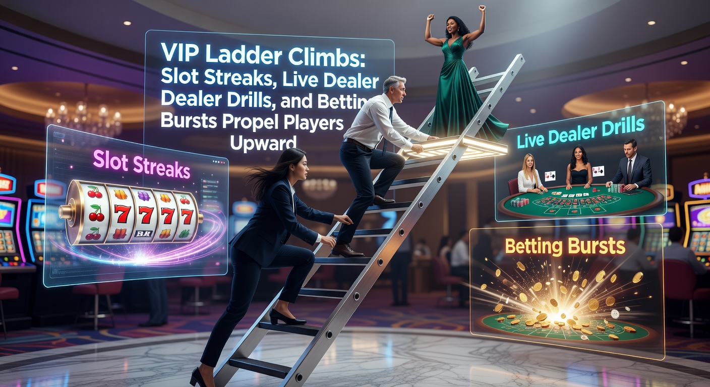 Speler die een gouden VIP-ladder beklimt met symbolen van slots, live dealers en sportweddenschappen die oplichten op de treden